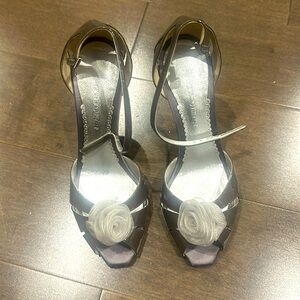 Giorgio Armani patent leather satin chiffon wedge sandals 37 grey orig bag/box.